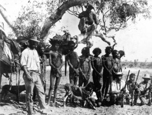 The use of Aboriginal prisoners as trackers often resulted in bizarre situations in which they were escorting fellow prisoners or tracking down escaped convicts.  Aboriginal Prisoners in chains, posed with a policeman and Aboriginal trackers (1890), 7816B, State Library of Western Australia 