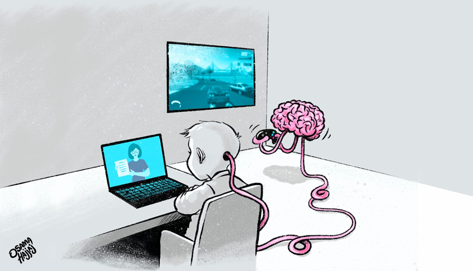 Cartoon by Jordan cartoonist Osama Hajjajabout homeschooling/faming during the pandemic