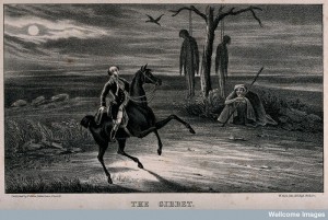 A man rides past a gibbet. Lithograph by W. Clerk. Credit: Wellcome Library, London. Wellcome Images images@wellcome.ac.uk http://images.wellcome.ac.uk Copyrighted work available under Creative Commons by-nc 2.0 UK, see http://images.wellcome.ac.uk/indexplus/page/Prices.html