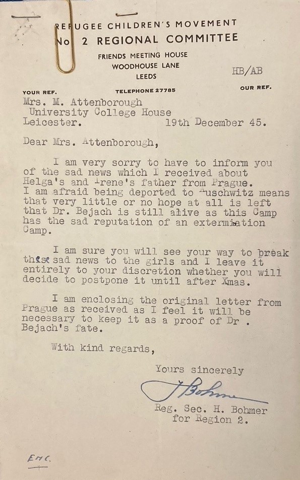 Typed letter from H. Bohmer to Mary Attenborough