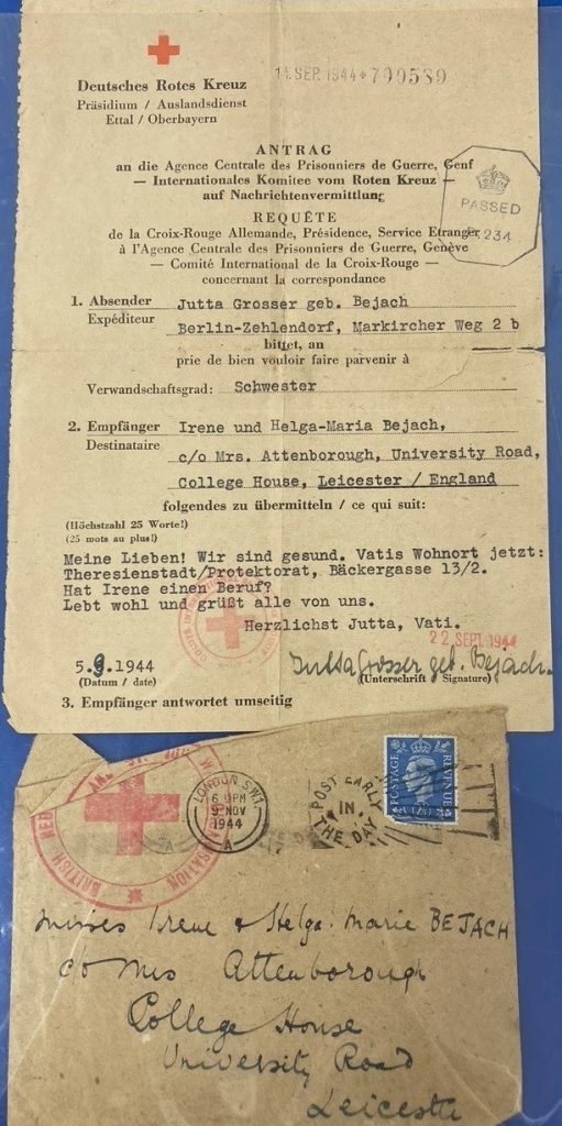 Letter (typed, in German) sent through the Red Cross by Jutta Bejach, with envelope (handwritten address to Irene and Helga-Maria Bejach, College House, Leicester)