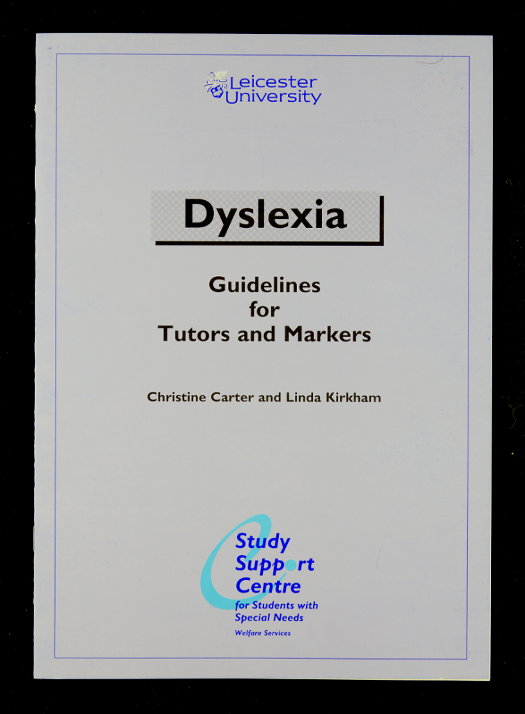 Colour photograph of title page of dyslexia guidelines for tutors and markers.