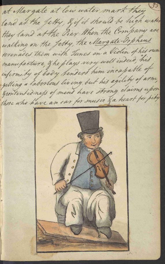 Handwritten diary entry with coloured sketch of fiddler.