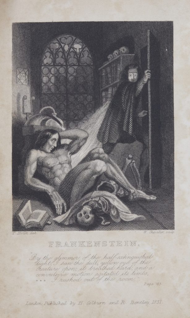 Black and white engraving to the frontispiece of Frankenstein, showing Frankenstein's horror at the monster he has created.