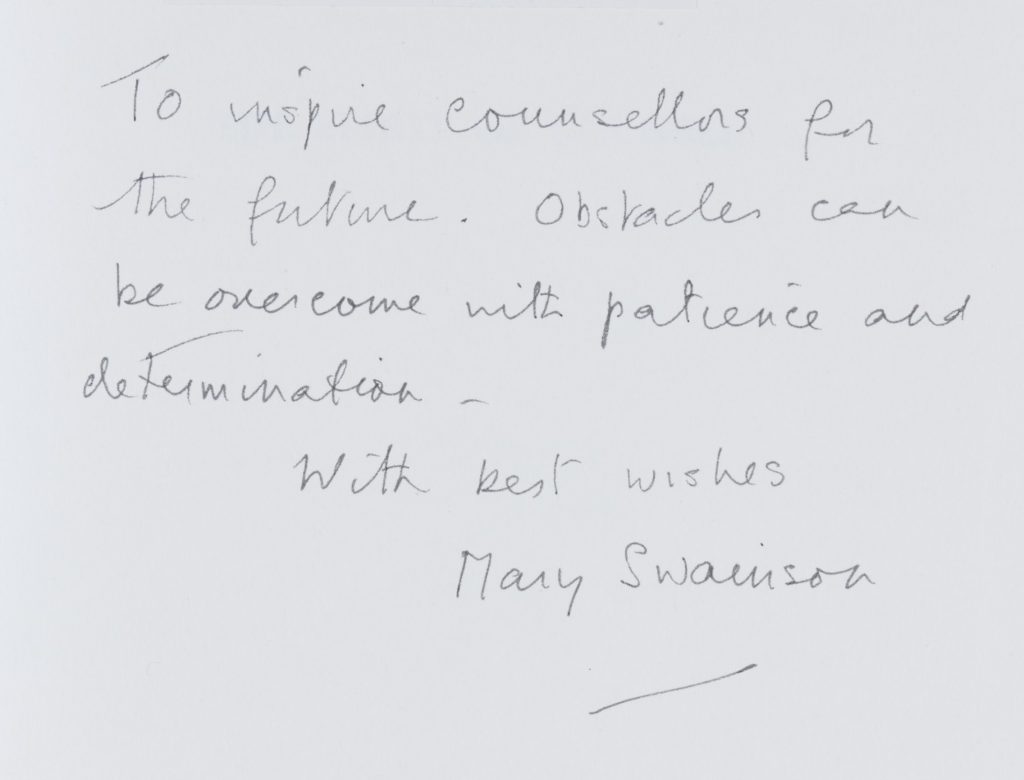 Handwritten inscription by Mary Swainson, on the flyleaf of her autobiography Spirit of Counsel