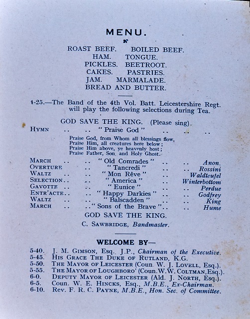 Printed menu for celebratory tea served to returning prisoners of war.