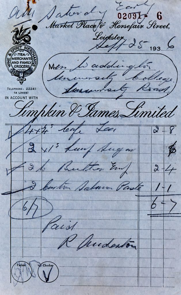 Handwritten bill for items supplied to the Old Students' Association for a tea party function.