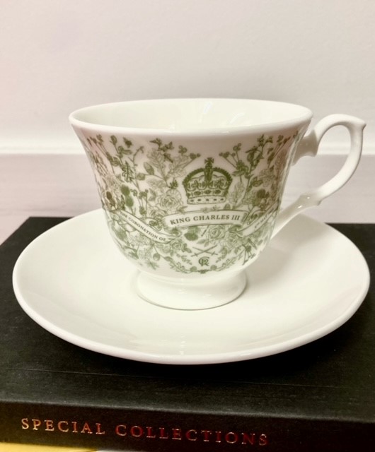 Tea cup and saucer commemorating the coronation of King Charles III, 6th May 2023