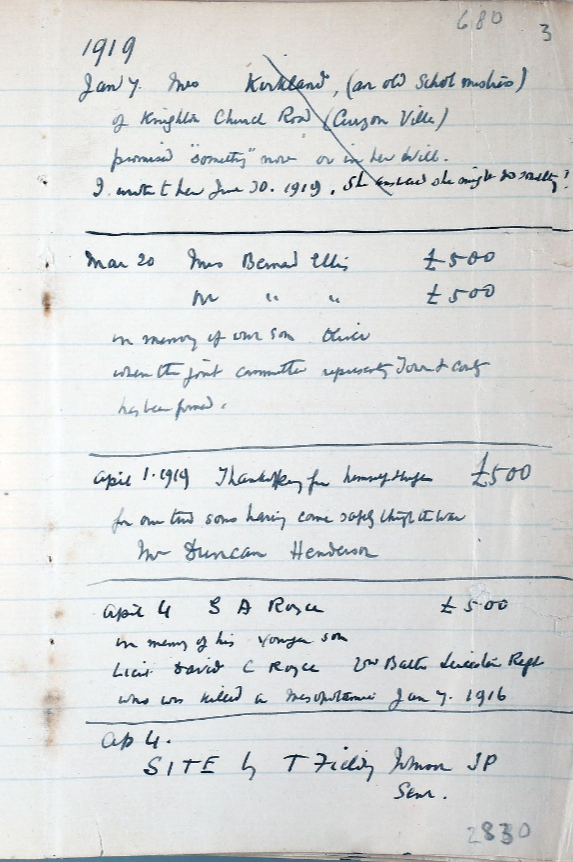 Photograph of a handwritten page in a small notebook recording donations given to the College appeal - amount and who given by