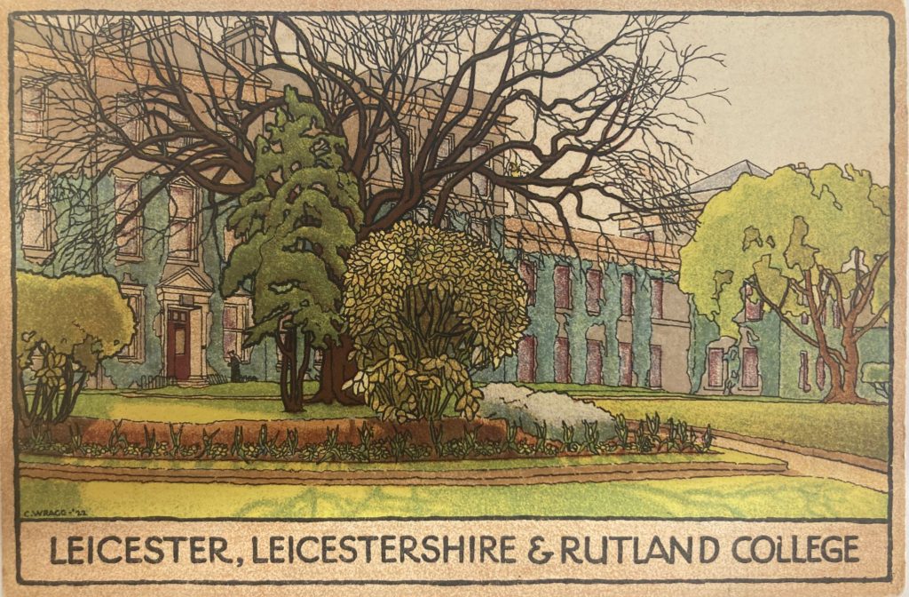 Colour 1920s postcard showing the front of what is now the Fielding Johnson Building, captioned 'Leicester, Leicestershire & Rutland College'