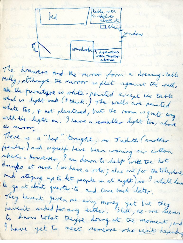 Page from handwritten letter in blue ink, with a hand-drawn diagram at the top showing the layout of a typical student bedroom