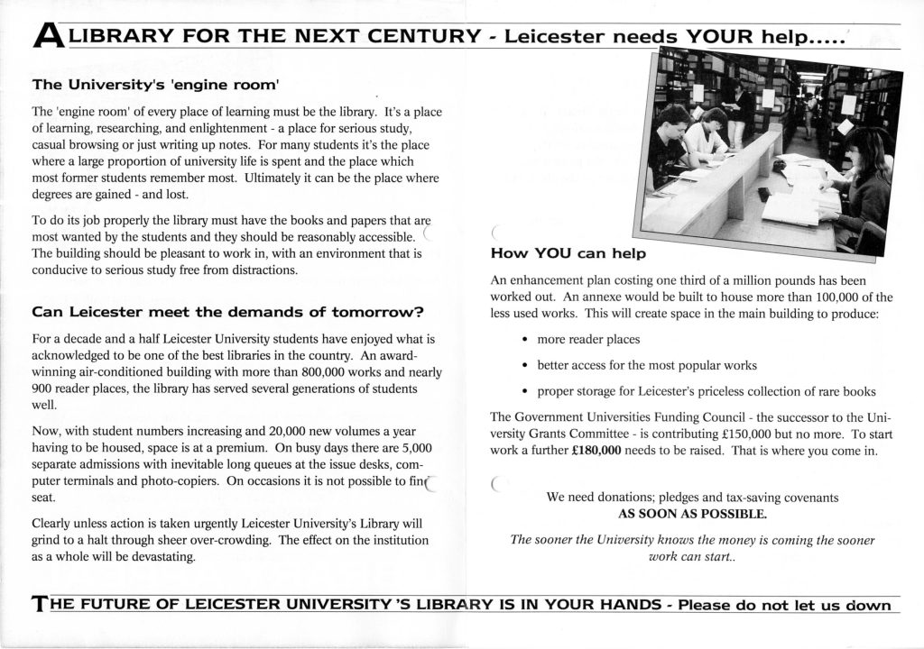 Black and white leaflet highlighting fundraising appeal for new university library
