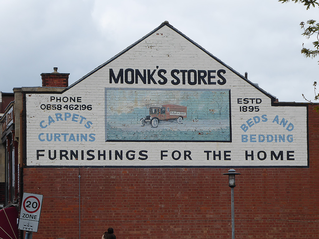 Photo of painted advertisement for Monk's Stores, Market Harborough