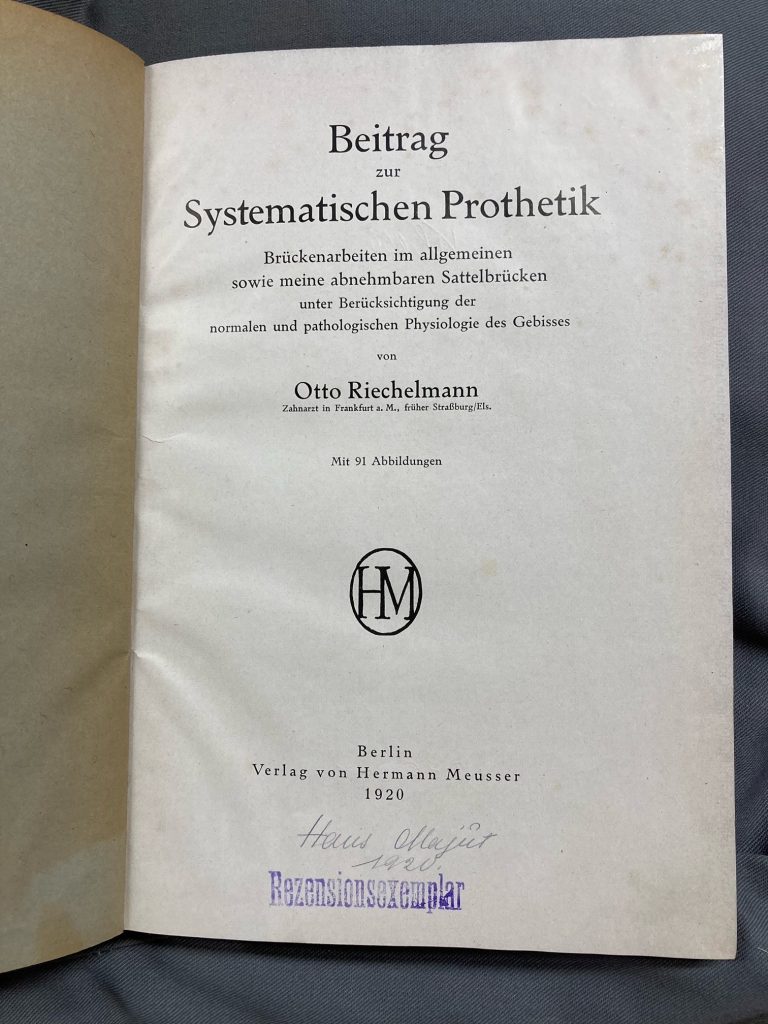 Title page of German-language dentistry book 'Beitrag zur systematischen Prothetik', bearing the pencilled signature of the books owner, Hans Majut, and the date, 1920