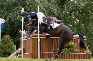 Tim Price does amazingly to stay on as Vortex refuses at the Dairy Mounds during the cross country phase of Burghley Horse Trials 2009.