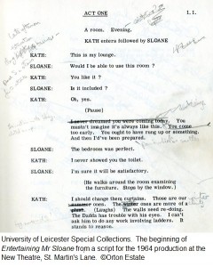 The beginning of 'Entertaining Mr Sloane' from a script for the 1964 production at the New Theatre, St Martin's Lane