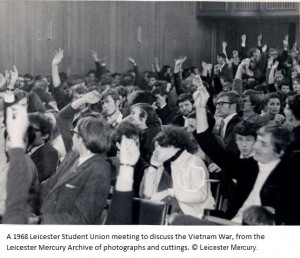 d)A 1968 Leicester Student Union meeting to discuss the Vietnam War, from the Leicester Mercury Archive of photographs and cuttings.