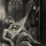 University of Leicester Special Collections.  Frontispiece to the first illustrated edition of Frankenstein, drawn by Theodor von Holst and engraved by W. Chevalier.  From: SCS 01395, Mary Wollstonecraft Shelley, Frankenstein, (London, 1831).