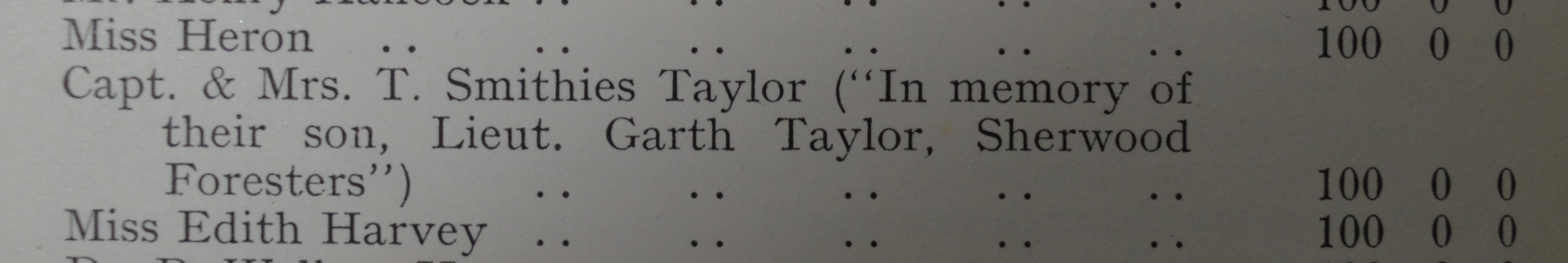 Record of donation by Capt. & Mrs. T. Smithies Taylor in memory of their son (ULA P/AR1)