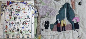 Photograph of a section of a village quilt by local expert artist Linda Straw, hanging in Lubenham Church, Leicestershire.