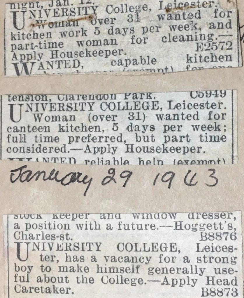 Newspaper clippings of adverts for staff for University College Leicester, 1943