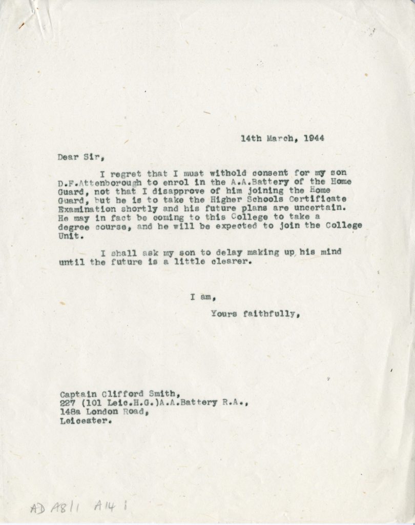 Typewritten letter from F. L. Attenborough, Principal of University College Leicester, 1944