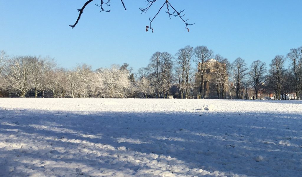 View of Victoria Park, Leicester, 26 January 2021, showing show on the ground and in the trees