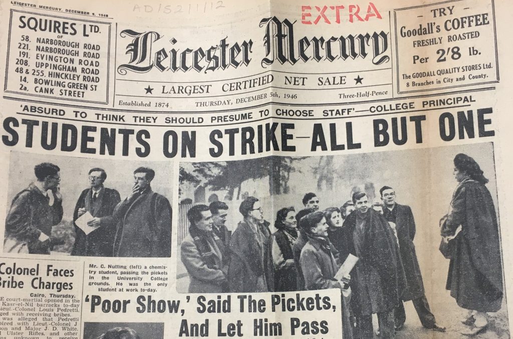 Front page of Leicester Mercury, 5 December 1946, re student strike at University College Leicester