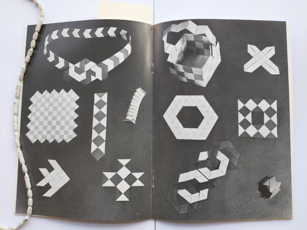 Image of a page from the book which illustrates the different types of objects that can be made using paper plaiting, including baskets and mats.