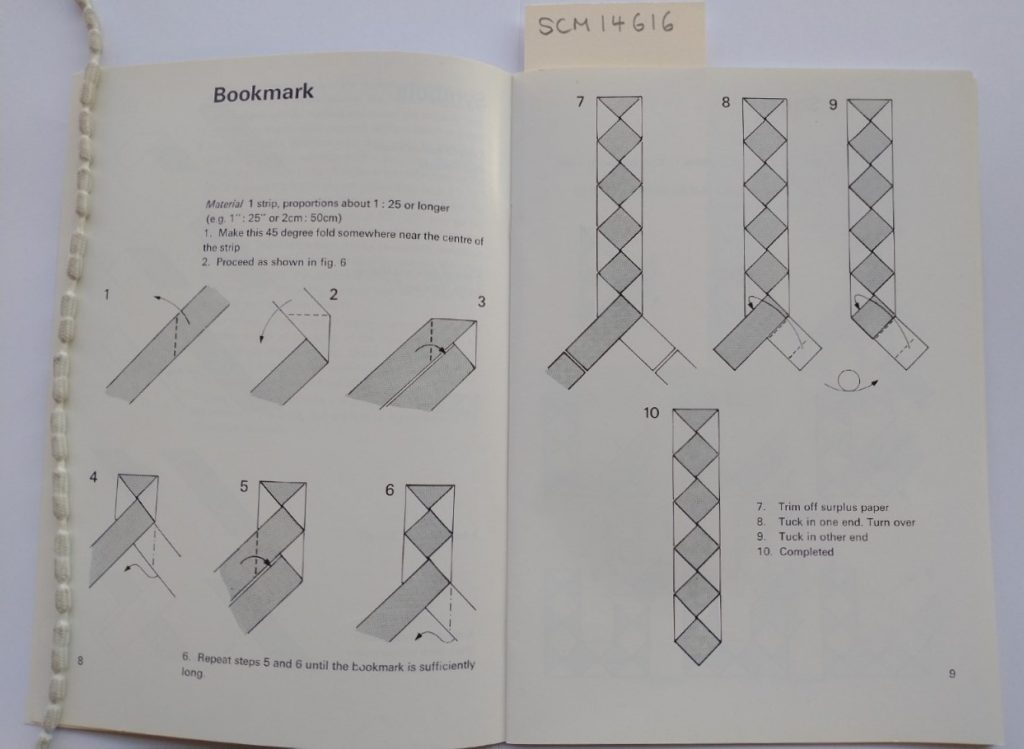 Image of page 8 and 9 of the book with an illustration for how to do paper plaiting to make a bookmark.