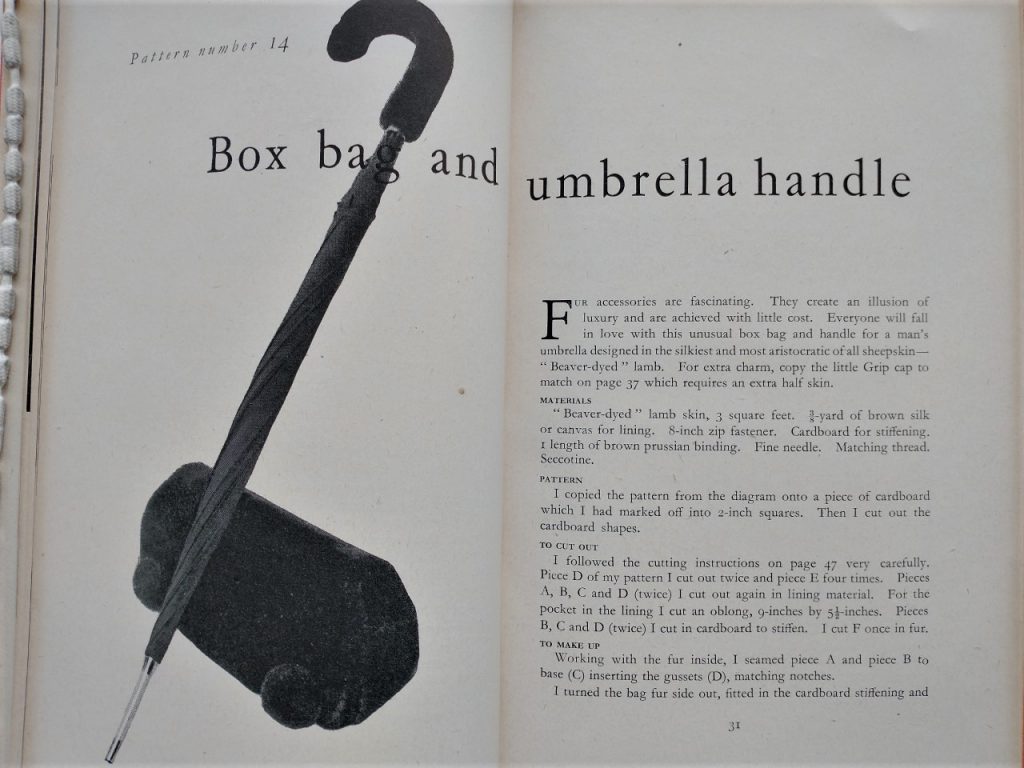 page of the book illustrating a sheepskin box bag and umbrella handle