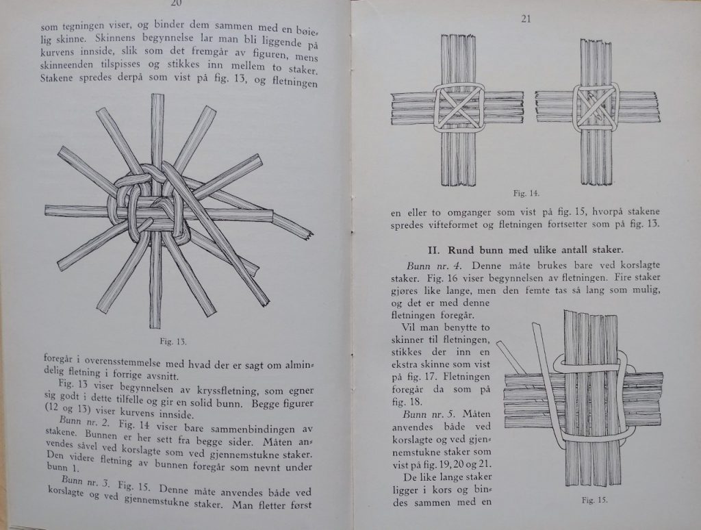 page 21 and 22 of Kurvarbeide basket making book, several illustrations of how to weave basket cane