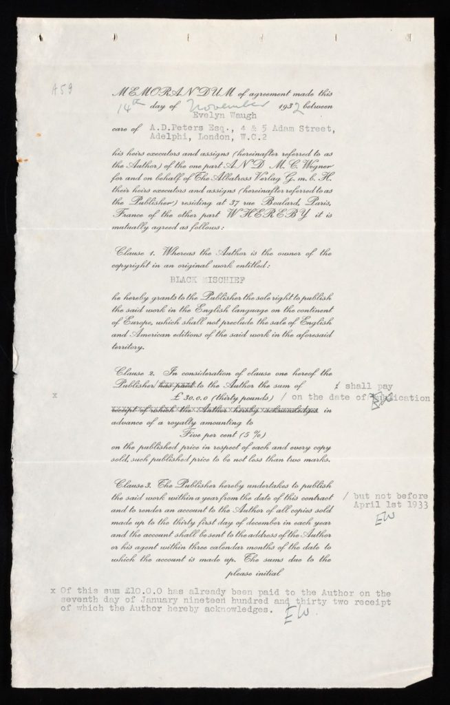Figure 1. Memoranda of Understanding, Box 13 fol.13, Evelyn Waugh Collection, Harry Ransom Center.